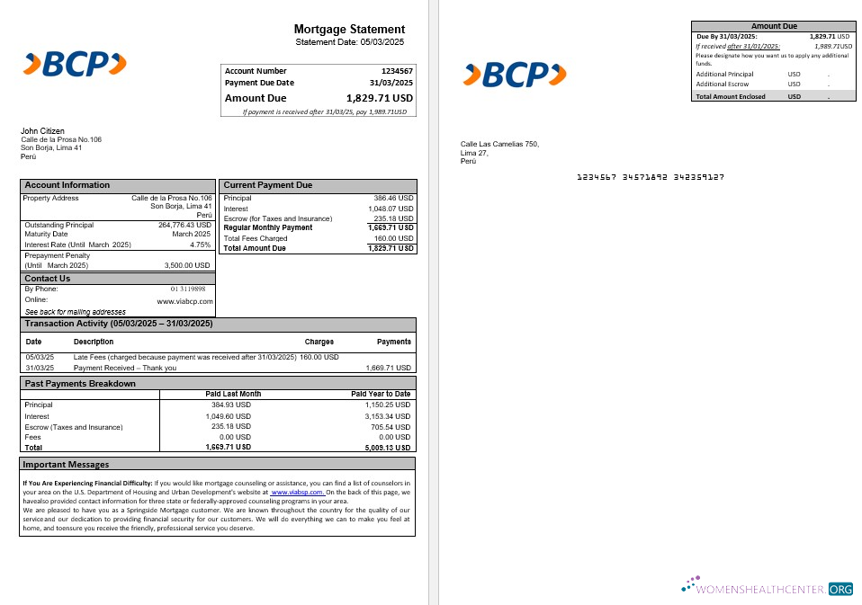 Download Peru Banco de Credito (BCP) mortgage statement in Word and PDF formats Photoshop template